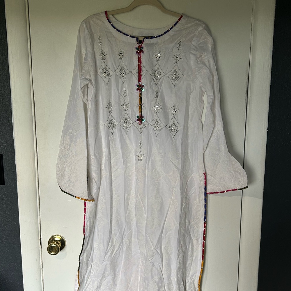 White Embroidered Long Sleeve Dress